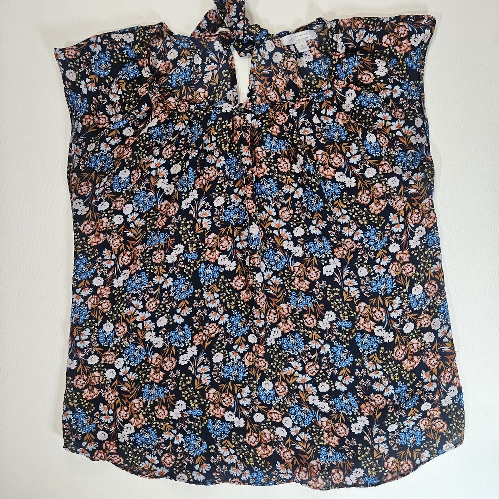 Lauren Conrad Blouse Womens Small Navy Floral Boho Office Career Cottagecore Top